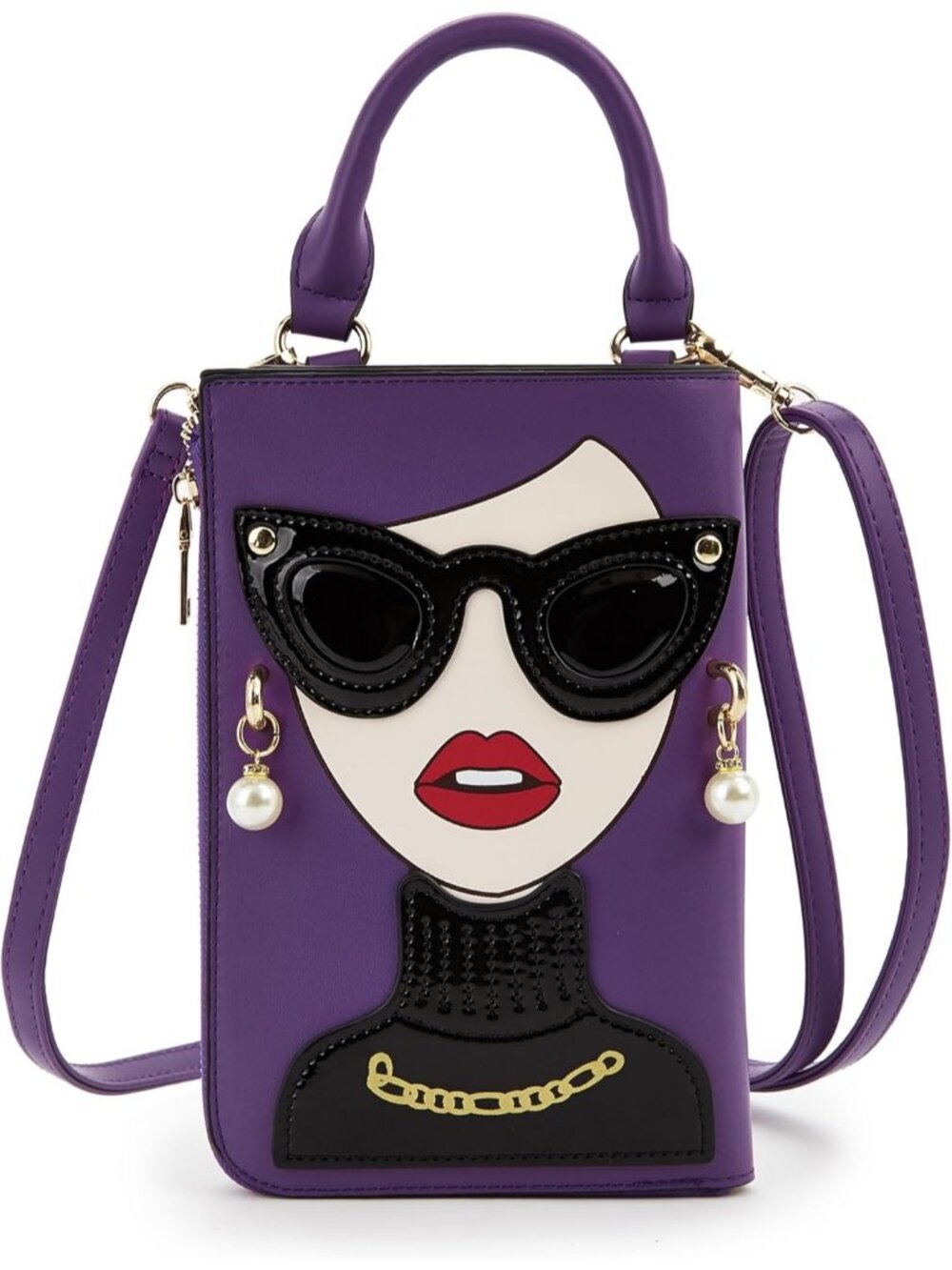 Women Deep Purple Novelty Lady Face PU Leather ShoulderBag Handle Satchel Clutch